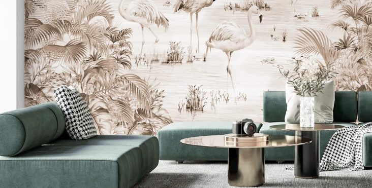 Flamingos Mural wallpaper with beige tone